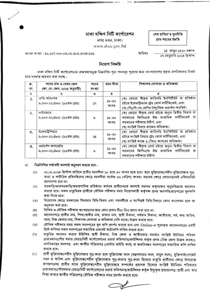 ঢাকা দক্ষিণ সিটি কর্পোরেশন নিয়োগ বিজ্ঞপ্তি ২০২৪ - DSCC Job Circular 2024