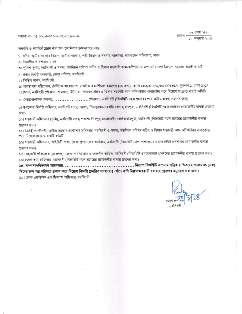 নরসিংদী জেলা প্রশাসকের কার্যালয় নিয়োগ বিজ্ঞপ্তি ২০২৪ – Narsingdi DC Office Job Circular 2024