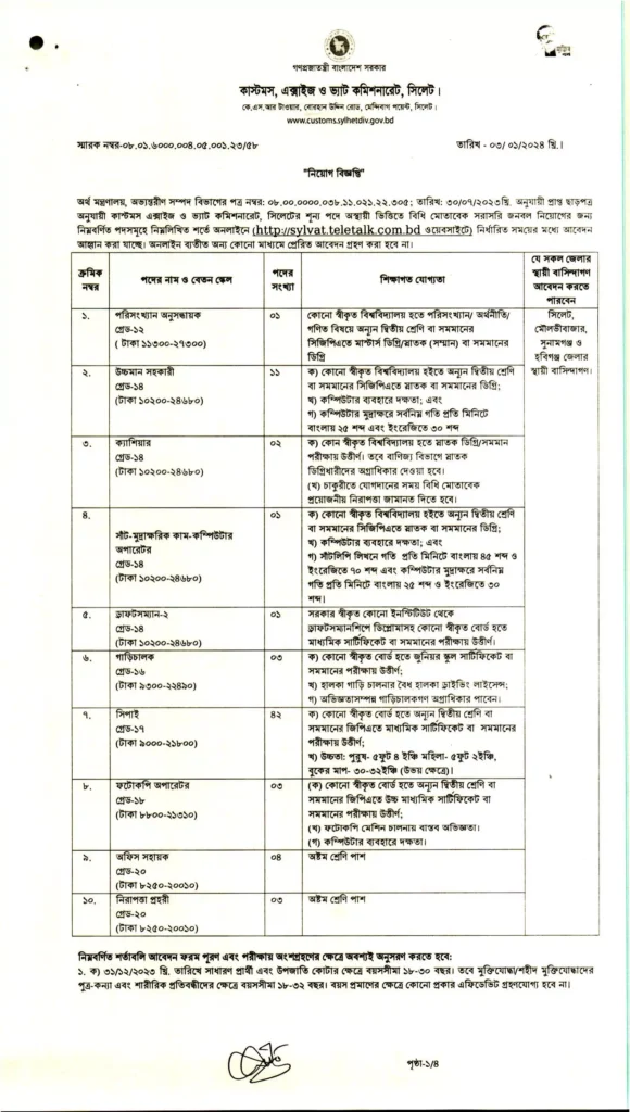 সিলেট কাস্টমস এক্সাইজ ও ভ্যাট কমিশনারেট নিয়োগ বিজ্ঞপ্তি ২০২৪ - Sylhet Customs SYLVAT Job Circular 2024