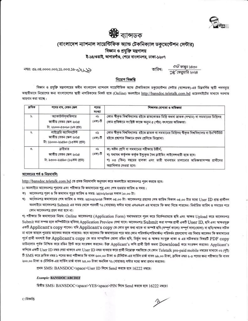 Bangladesh National Scientific and Technical Documentation Centre BANSDOC Job Circular 2024, ব্যান্সডক নিয়োগ বিজ্ঞপ্তি ২০২৪ – BANSDOC Job Circular 2024