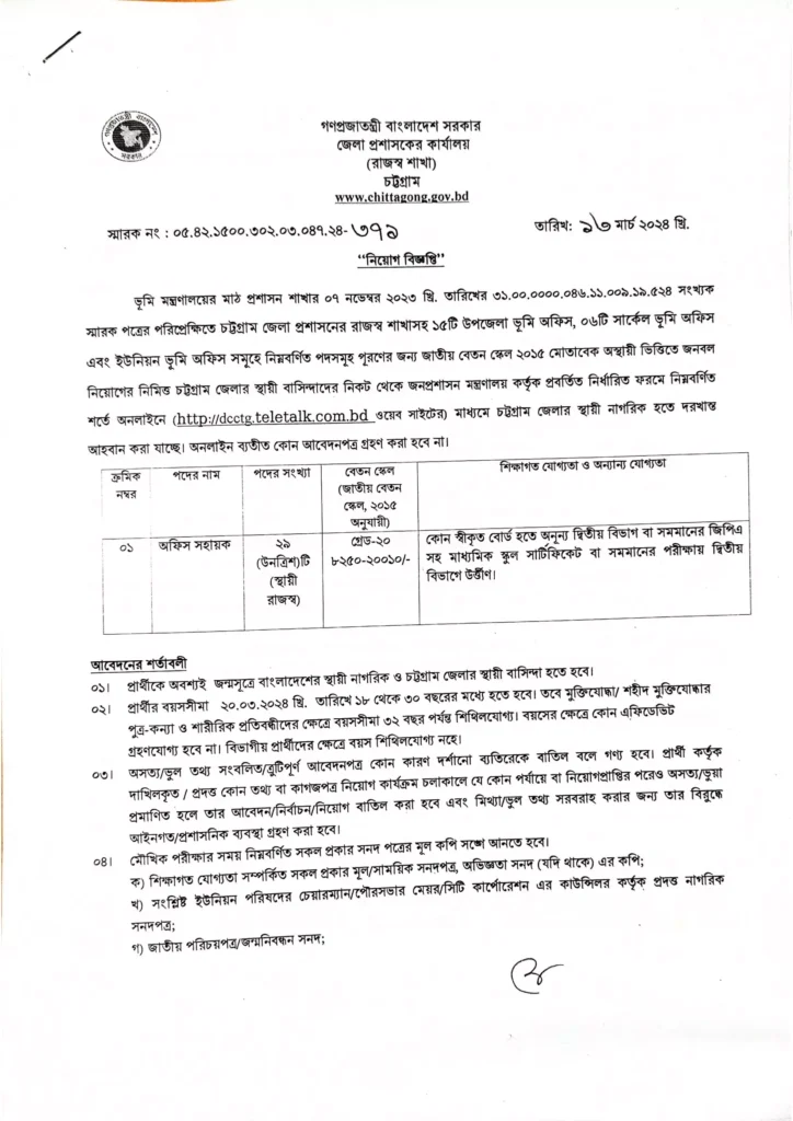 চট্টগ্রাম জেলা প্রশাসকের কার্যালয় নিয়োগ বিজ্ঞপ্তি ২০২৪ – Chittagong DC Office Job Circular 2024-1