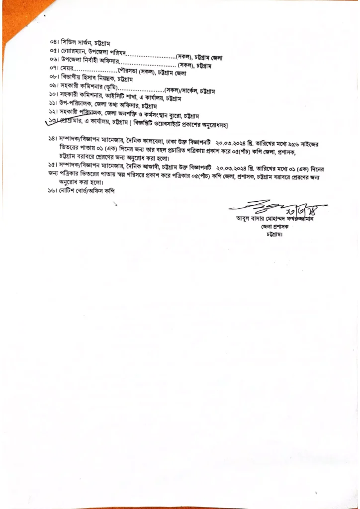 চট্টগ্রাম জেলা প্রশাসকের কার্যালয় নিয়োগ বিজ্ঞপ্তি ২০২৪ – Chittagong DC Office Job Circular 2024-5