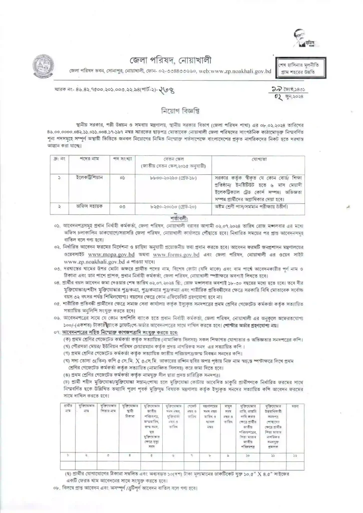 নোয়াখালী জেলা পরিষদ কার্যালয় নিয়োগ বিজ্ঞপ্তি ২০২৪ – Noakhali zila Parishad Job Circular 2024 - 1