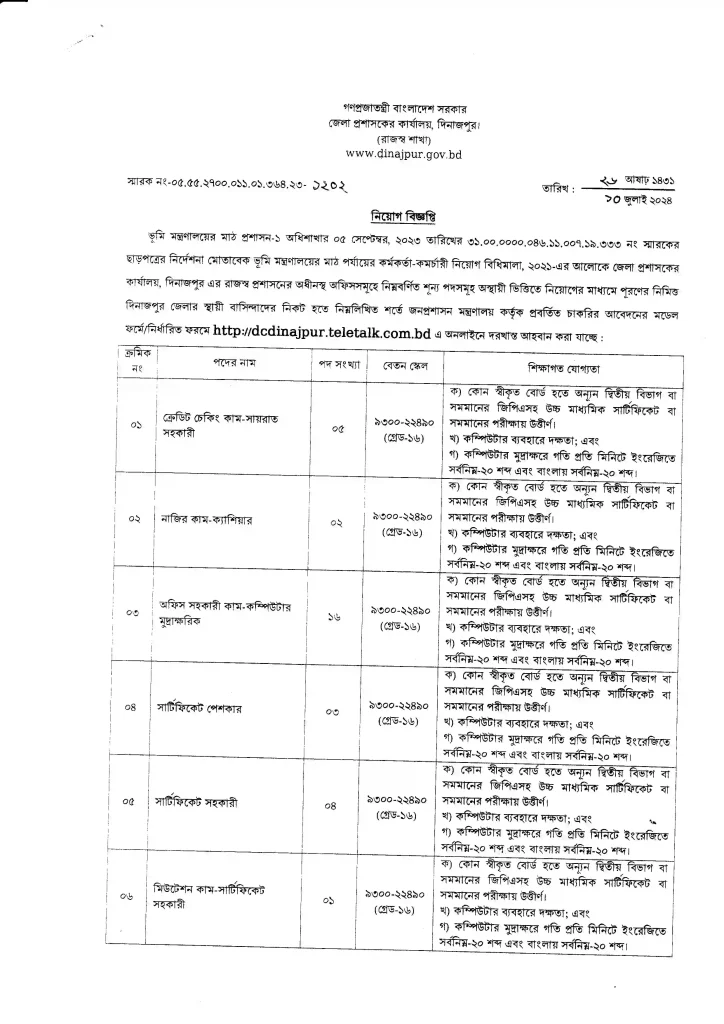 দিনাজপুর জেলা প্রশাসকের কার্যালয় নিয়োগ বিজ্ঞপ্তি ২০২৪ – Dinajpur DC Office Job Circular 2024 -1